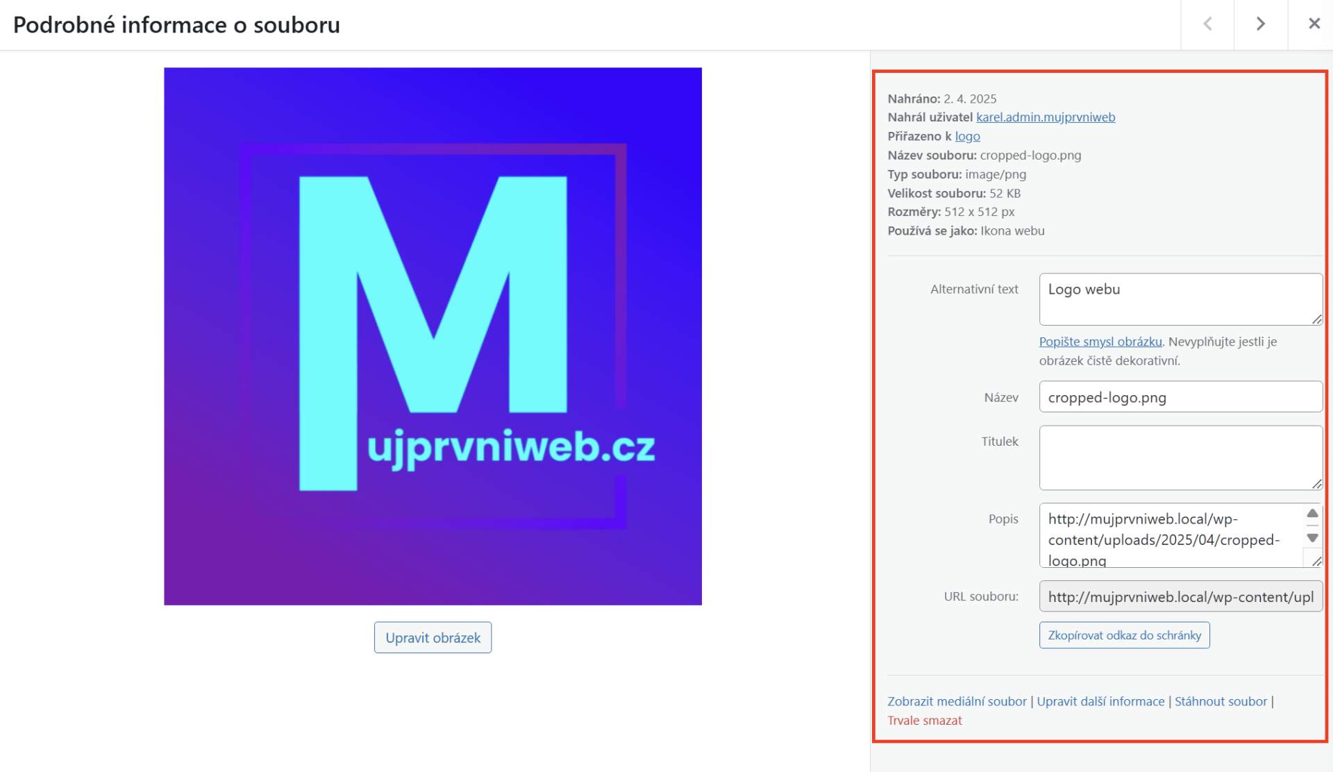 Zobrazenie podrobných informácií o súbore. - WordPress - Základy - WordPress - Základy
