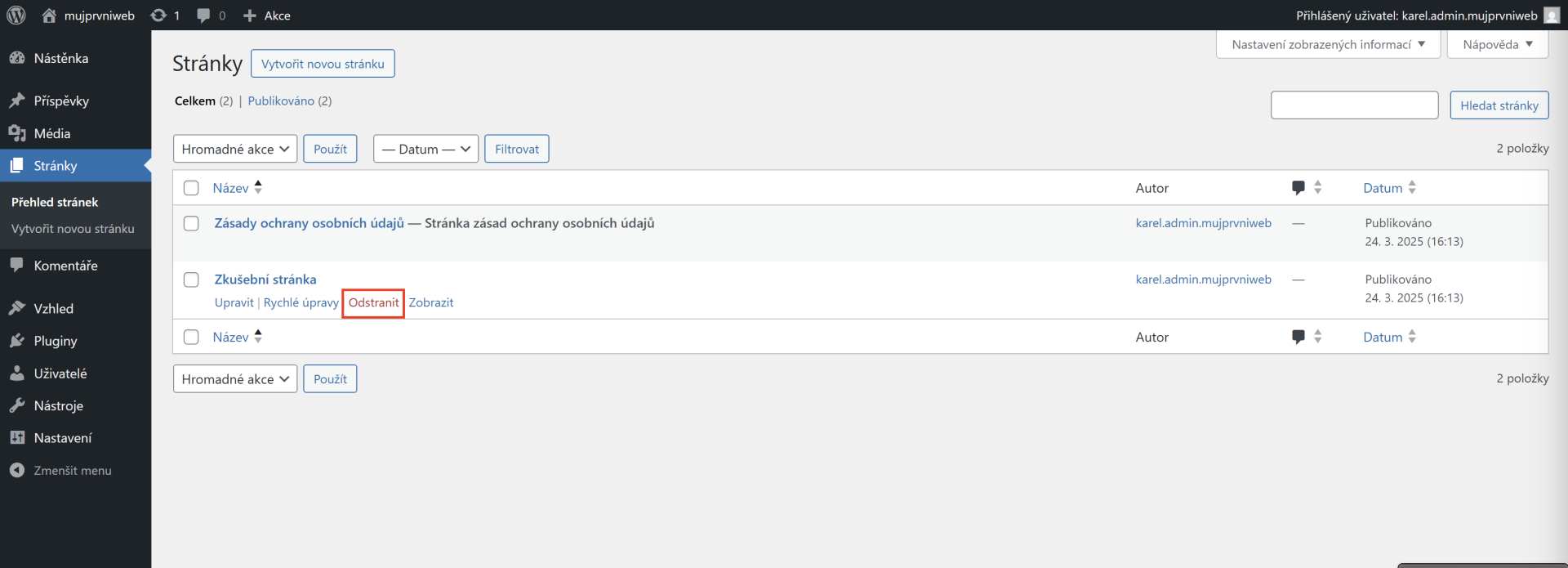 Postup odstránenia stránky - WordPress - Základy - WordPress - Základy