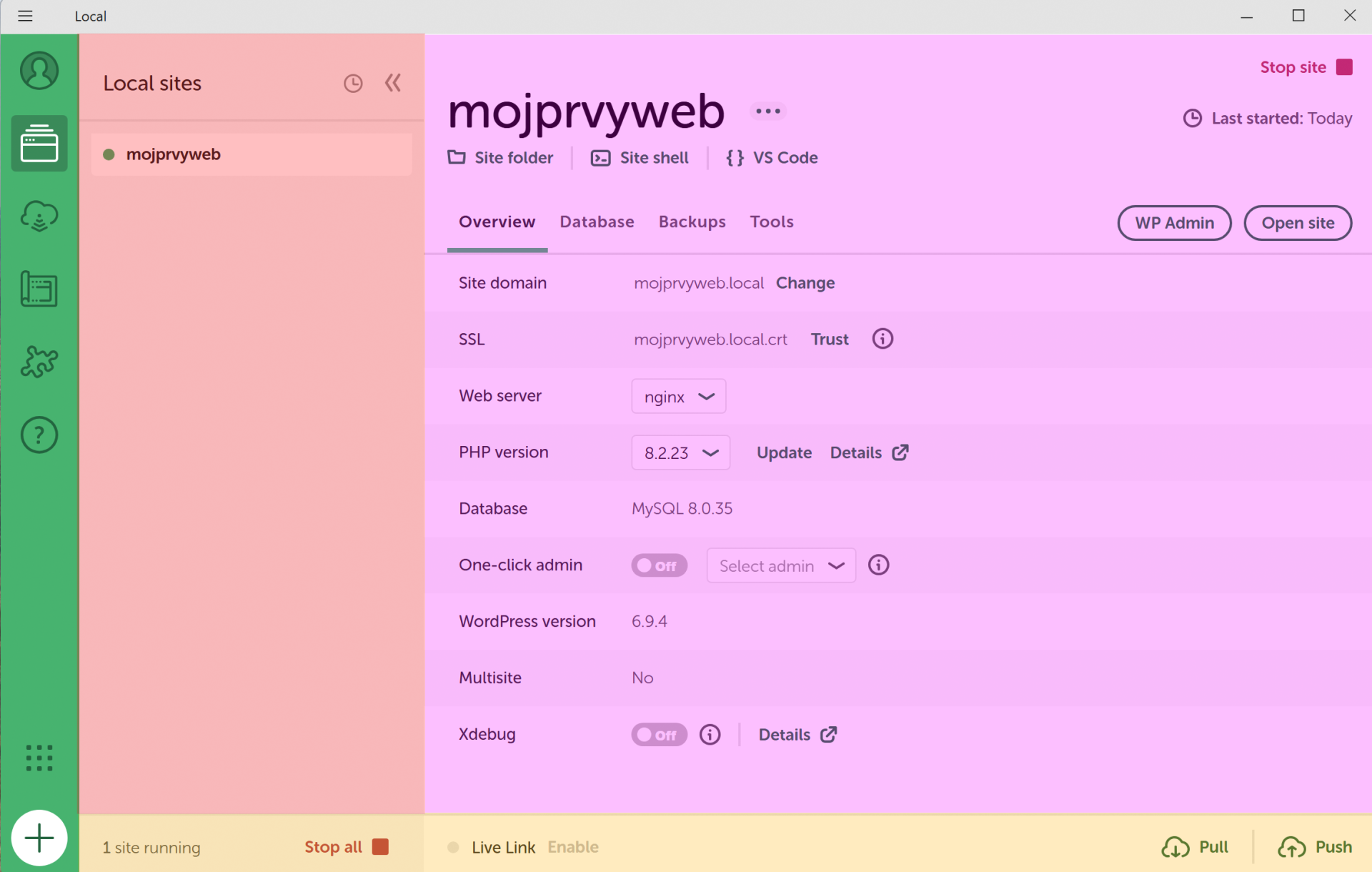 Prehľad stránky v LocalWP - WordPress - Základy