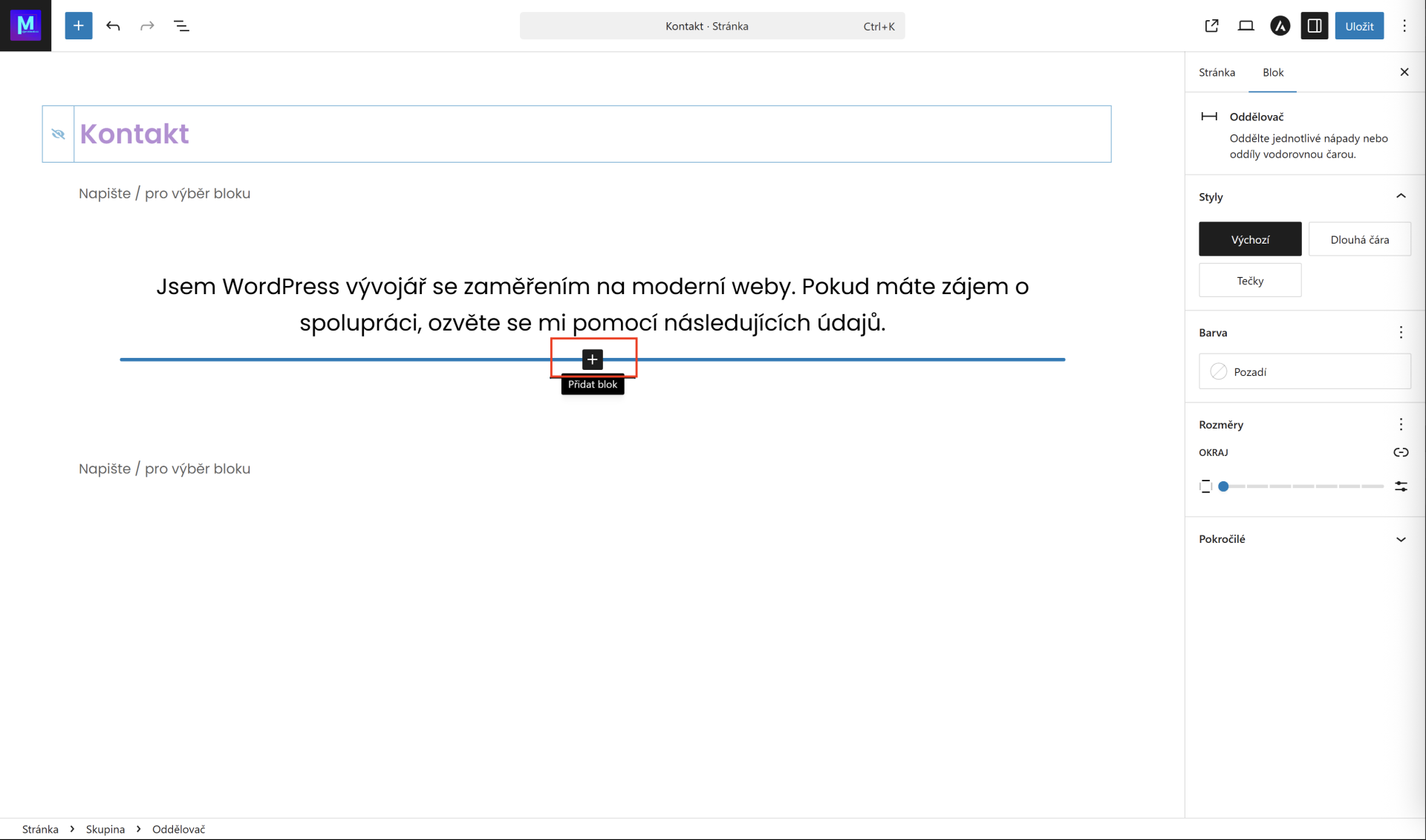 Pridanie nového prvku medzi existujúce prvky. - WordPress - Základy - WordPress - Základy