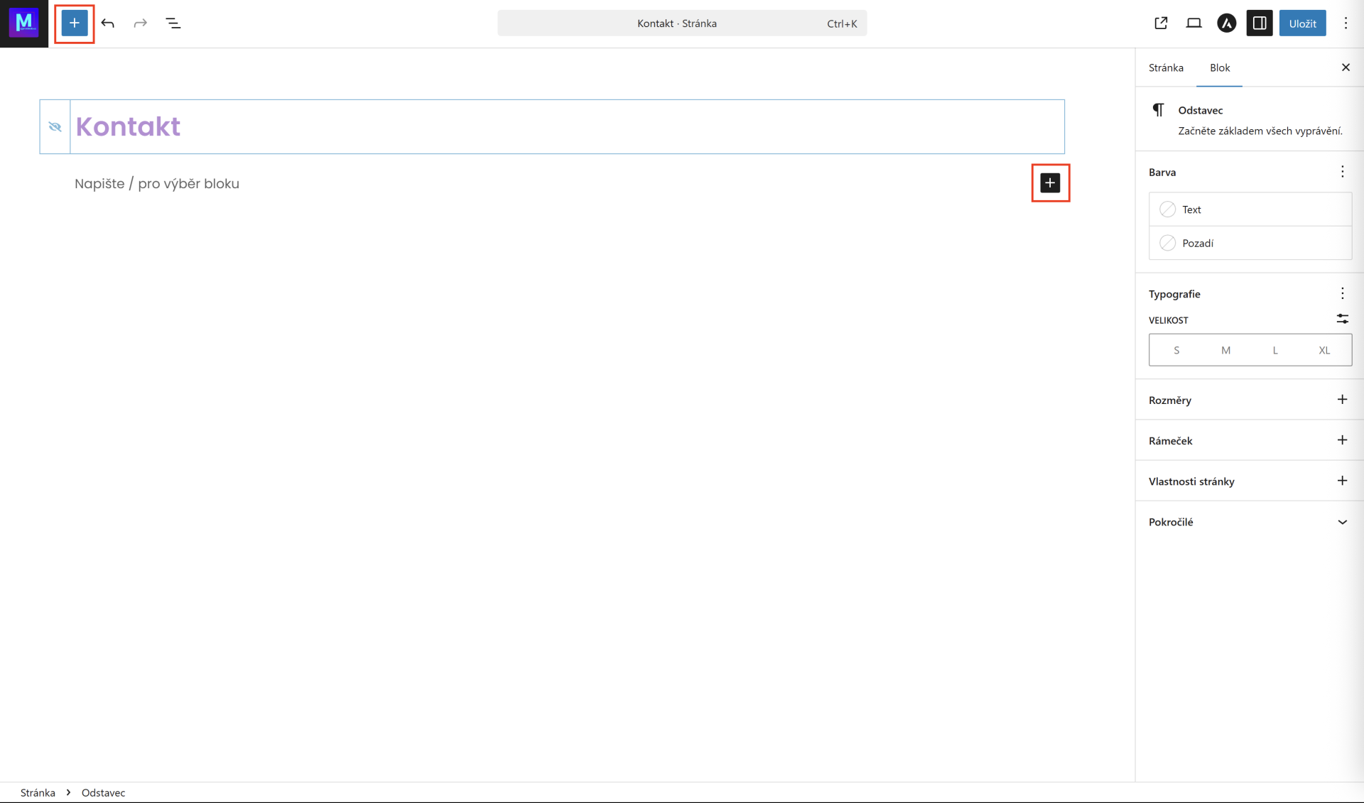 Pridanie elementu na stránku. - WordPress - Základy - WordPress - Základy