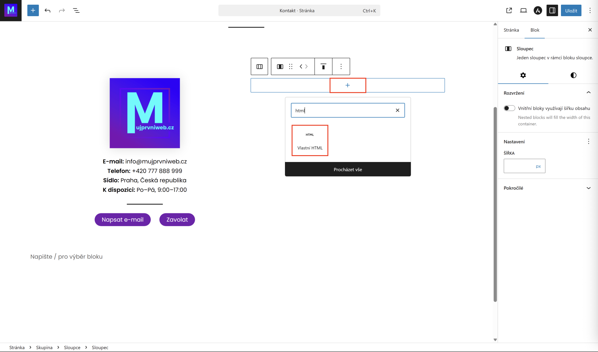 Pridanie elementu vlastní HTML. - WordPress - Základy - WordPress - Základy