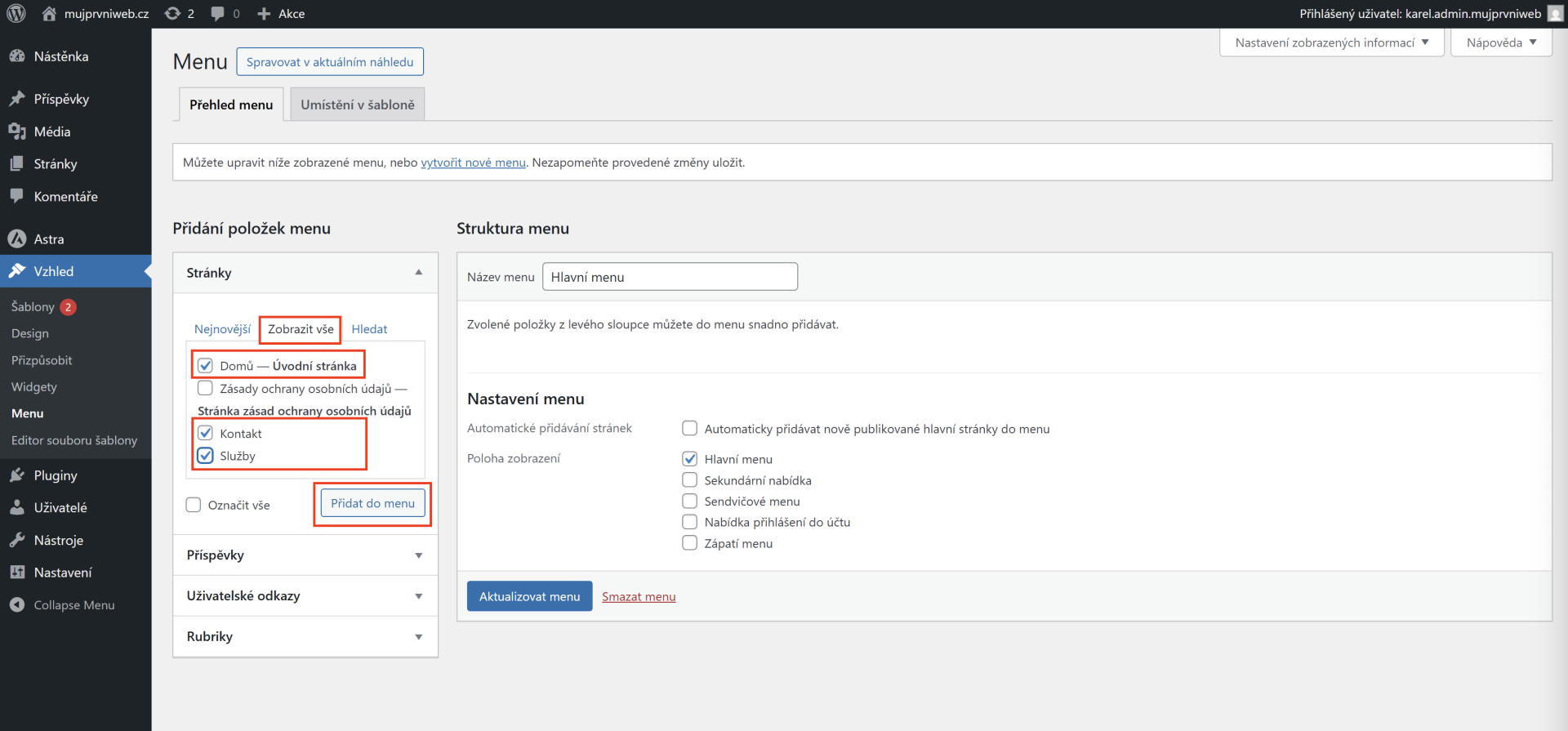 Pridanie položiek do menu. - WordPress - Základy - WordPress - Základy
