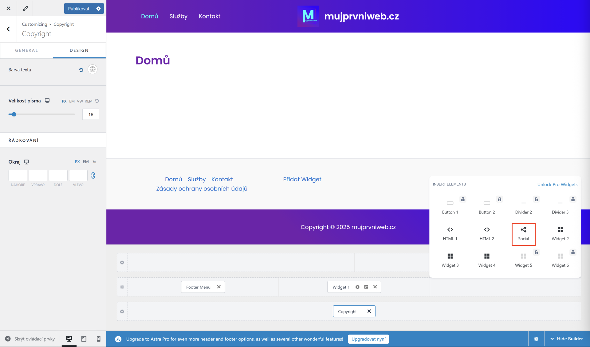 Pridanie sociálnych sietí do pätičky stránky. - WordPress - Základy - WordPress - Základy