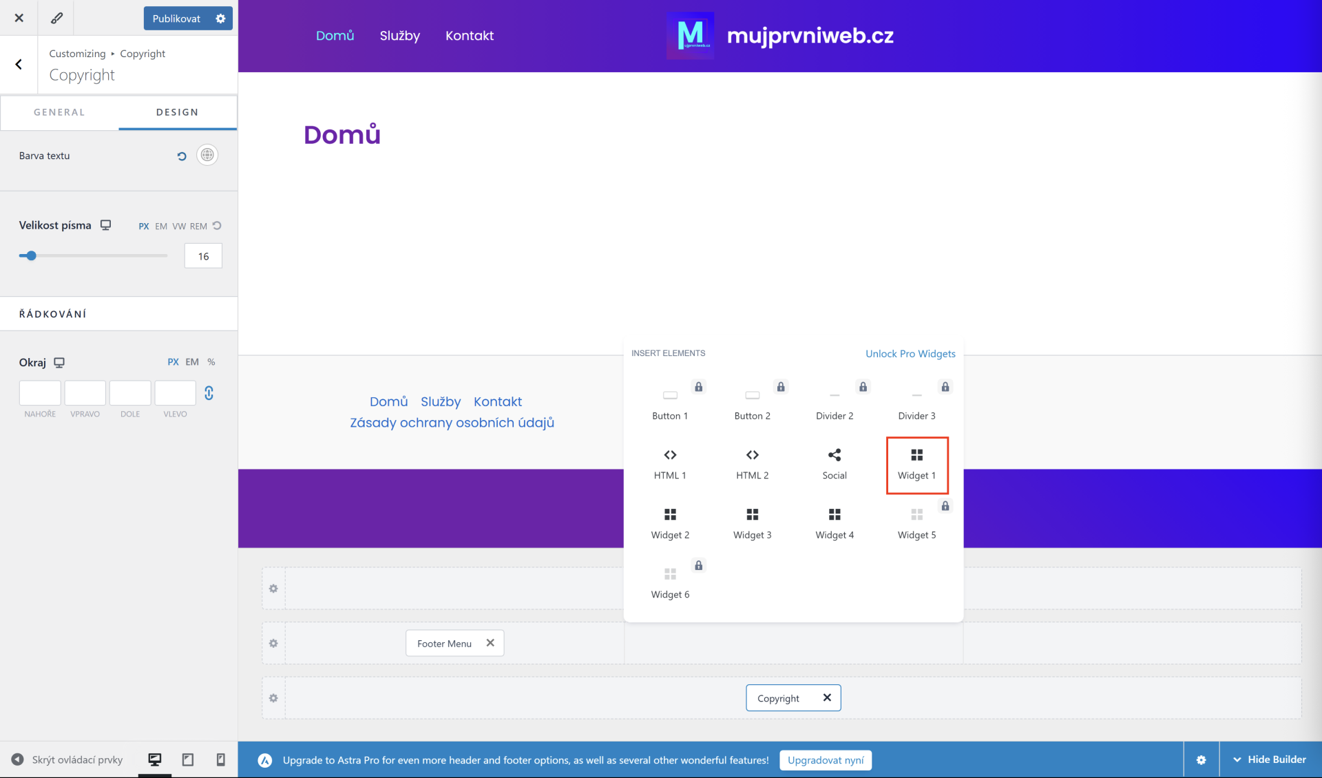 Pridanie widgetu do pätičky stránky. - WordPress - Základy - WordPress - Základy