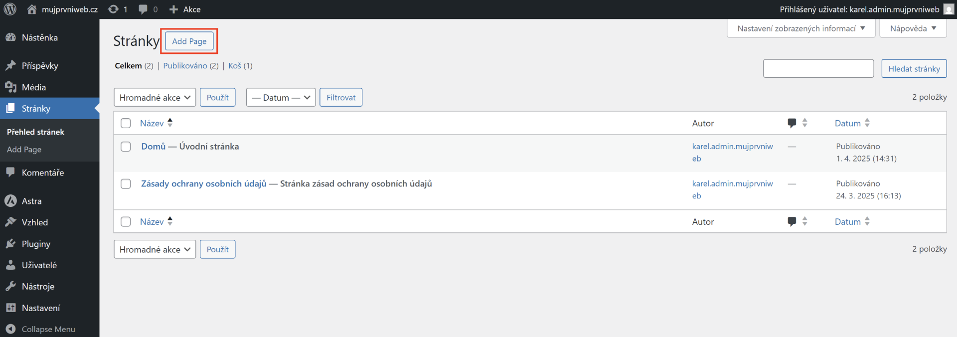 Tlačidlo na pridanie novej stránky. - WordPress - Základy - WordPress - Základy