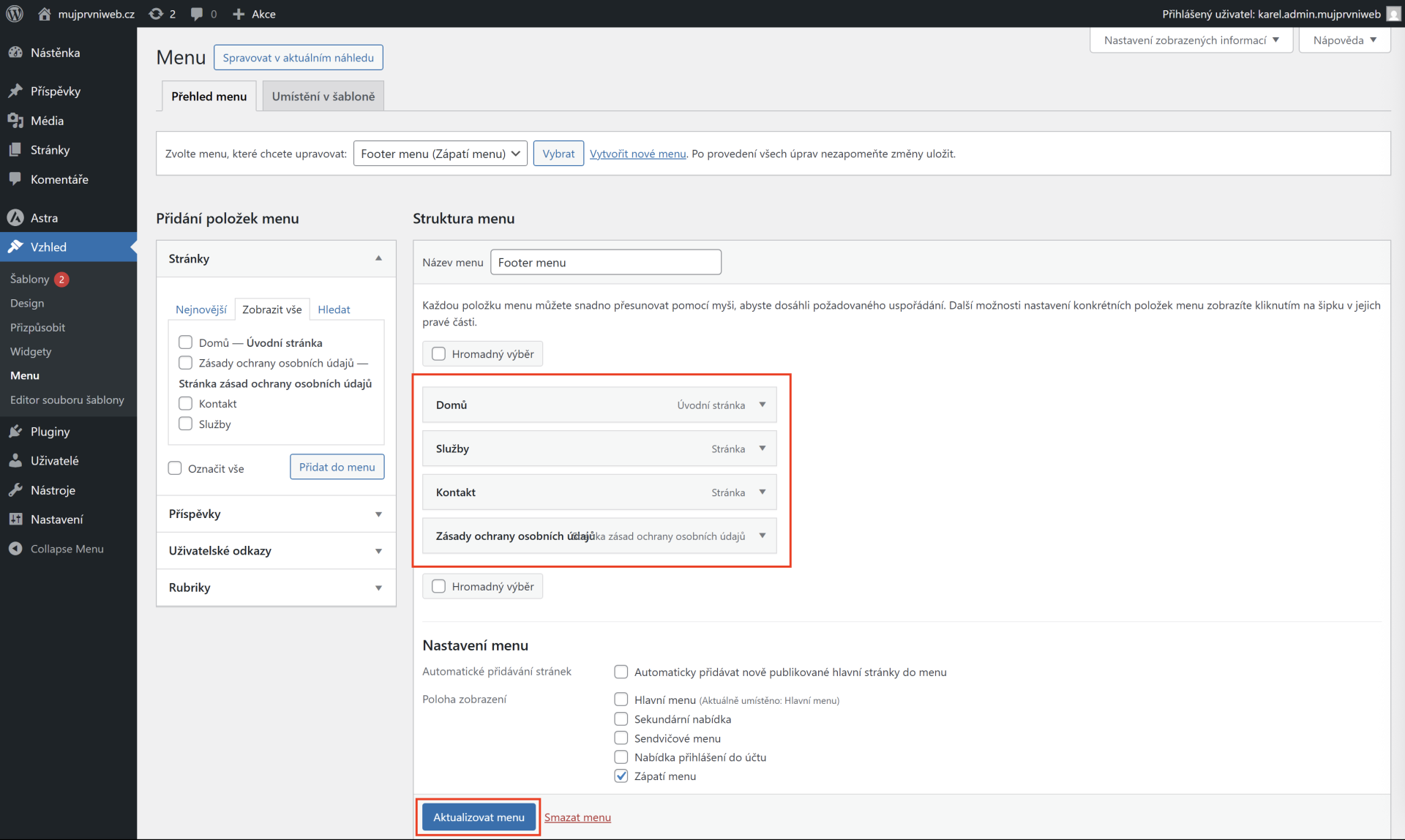 Pridanie stránok do footer menu. - WordPress - Základy - WordPress - Základy