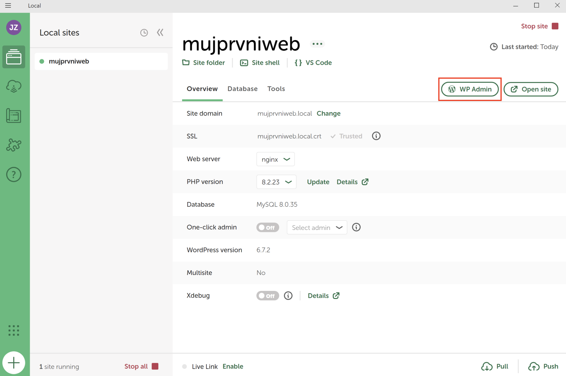 Hlavná stránka, tlačidlo WP Admin - WordPress - Základy - WordPress - Základy