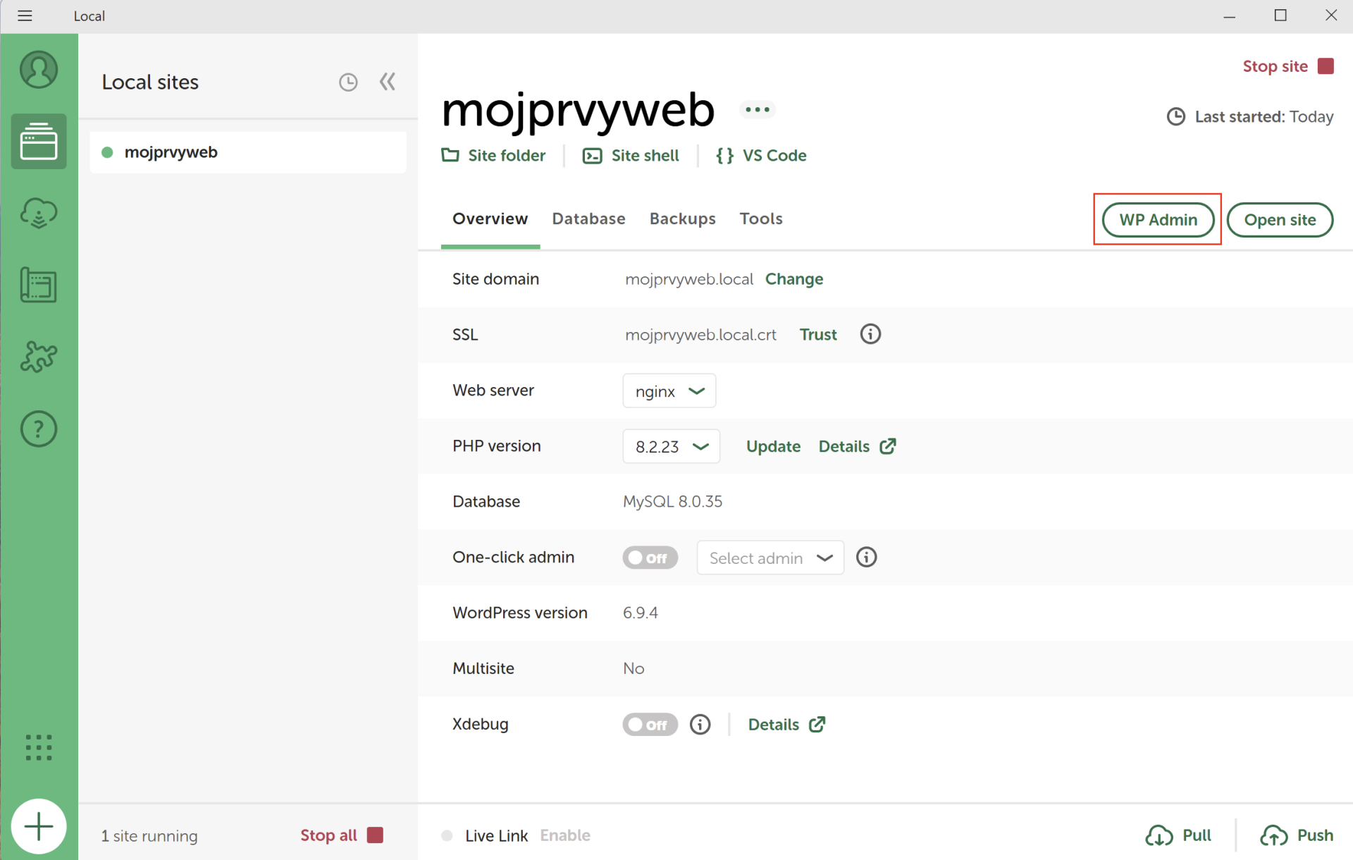 Hlavná stránka, tlačidlo WP Admin - WordPress - Základy