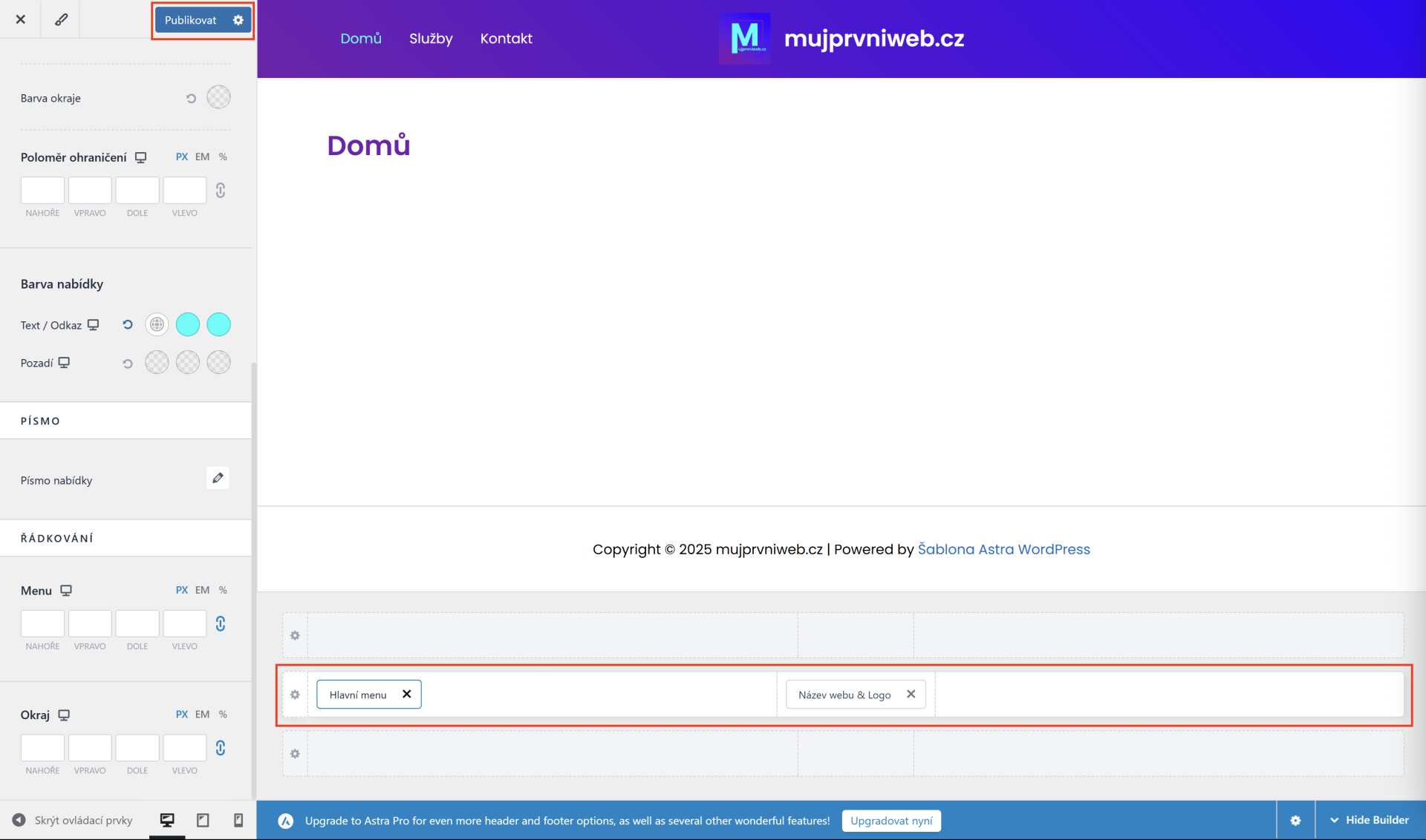 Rozvrhnutie položiek hlavičky a uloženie zmien. - WordPress - Základy - WordPress - Základy