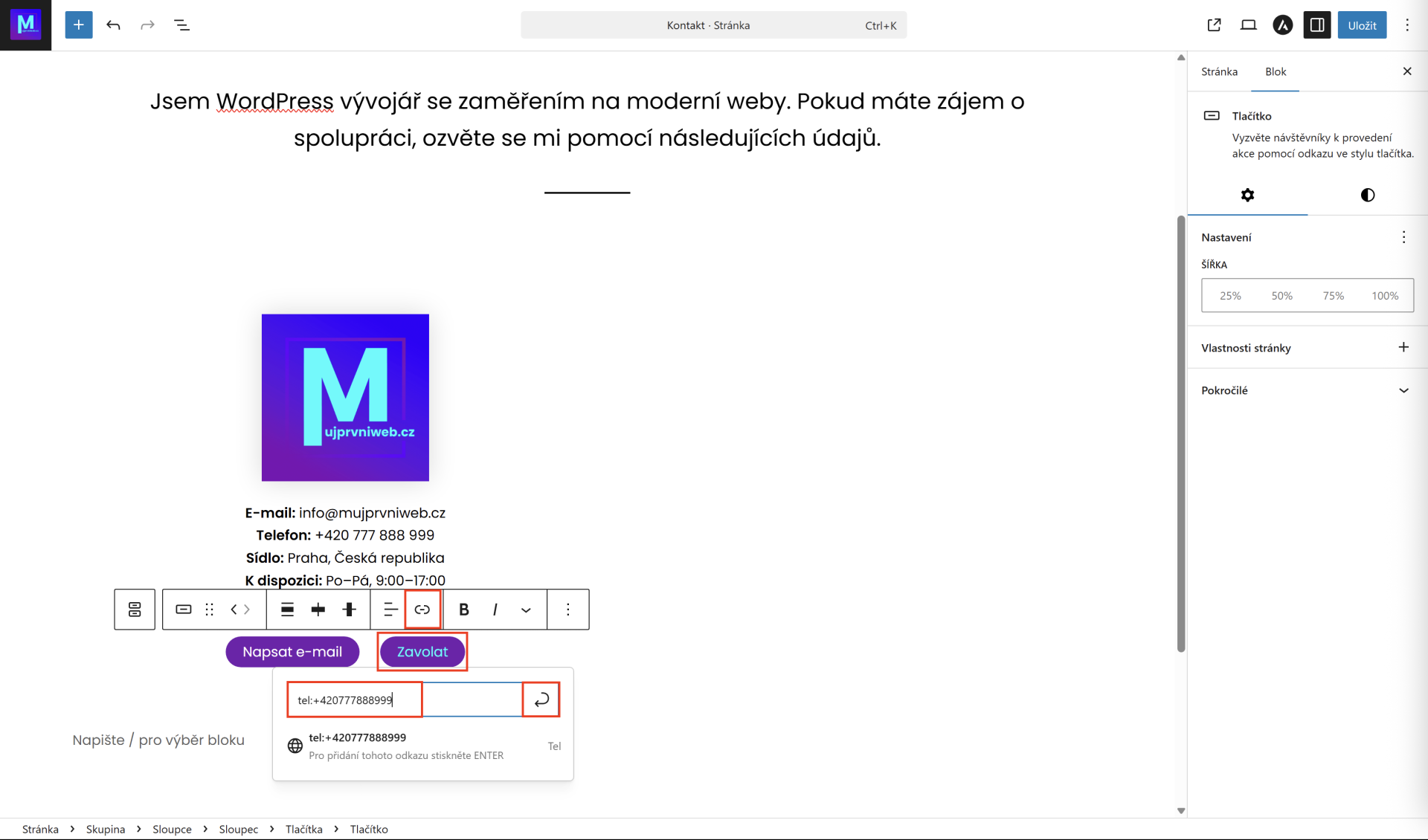 Vloženie tel odkazu.  - WordPress - Základy - WordPress - Základy