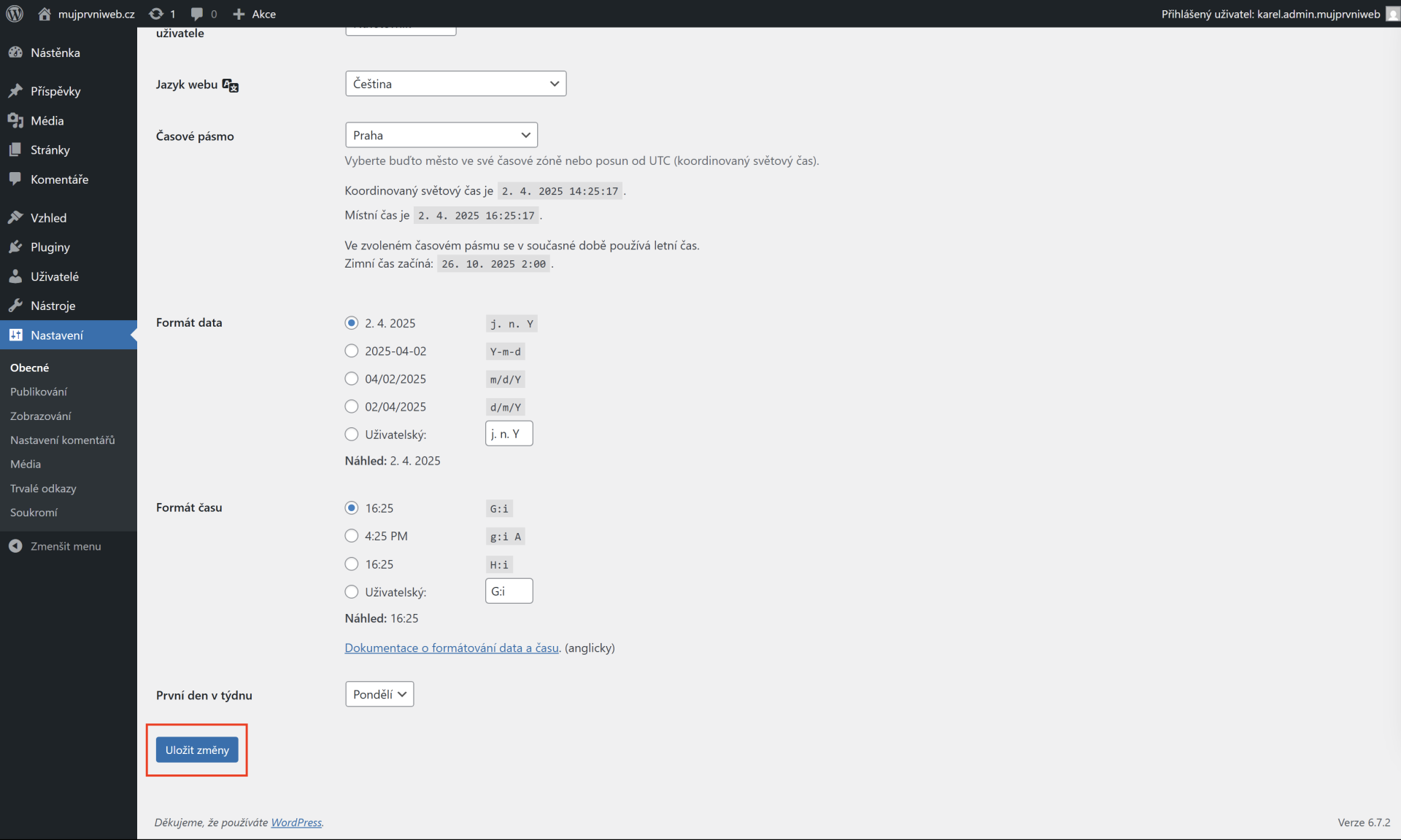 Uloženie zmien v nastavení - WordPress - Základy - WordPress - Základy