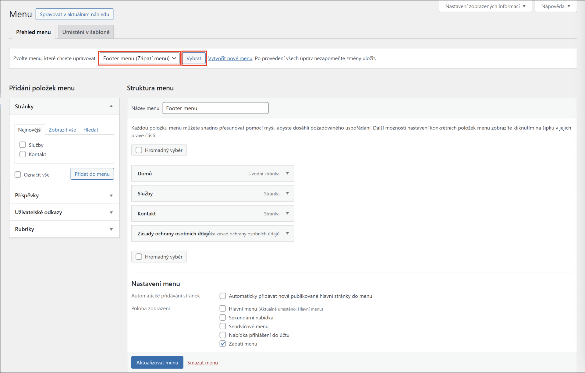 Výber menu. - WordPress - Základy - WordPress - Základy