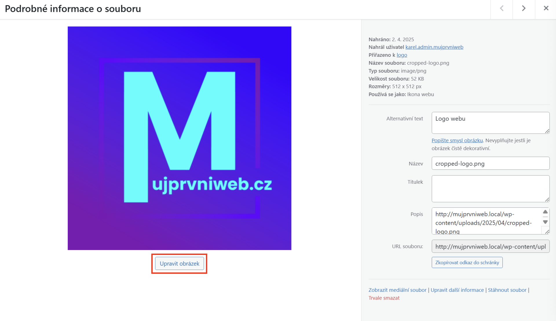 Tlačidlo na úpravu obrázku. - WordPress - Základy - WordPress - Základy