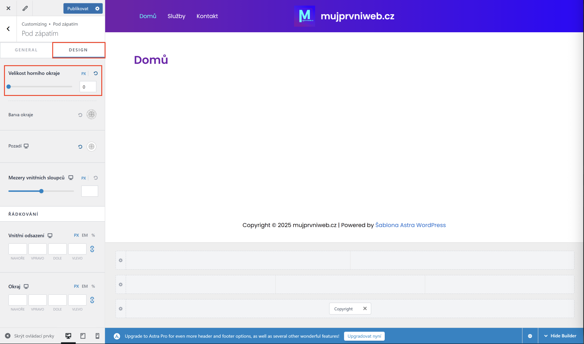 Úprava veľkosti horného okraja pätičky. - WordPress - Základy - WordPress - Základy