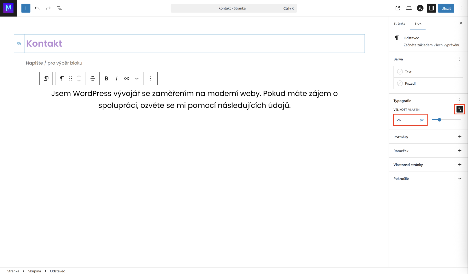 Nastavenie veľkosti fontu v odseku. - WordPress - Základy - WordPress - Základy