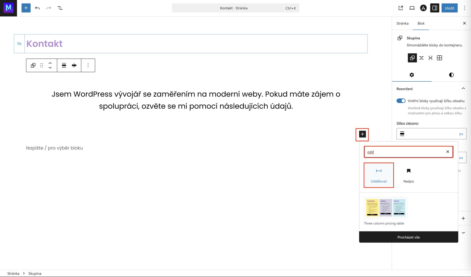 Vloženie oddeľovača. - WordPress - Základy - WordPress - Základy