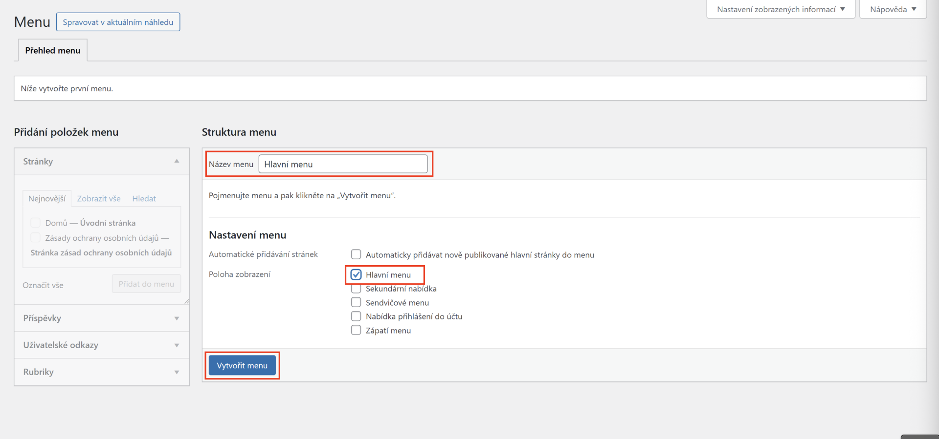Vytvorenie hlavného menu. - WordPress - Základy - WordPress - Základy