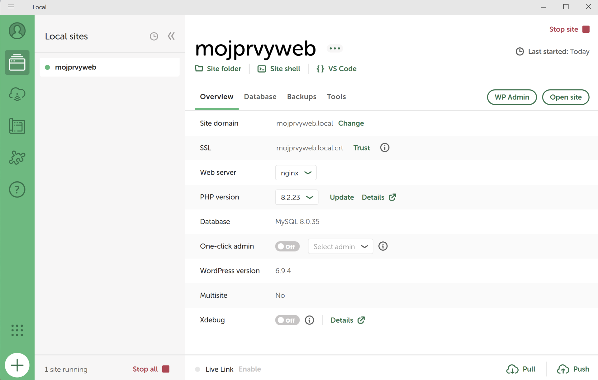 Základný prehľad stránky v aplikácii LocalWP - WordPress - Základy