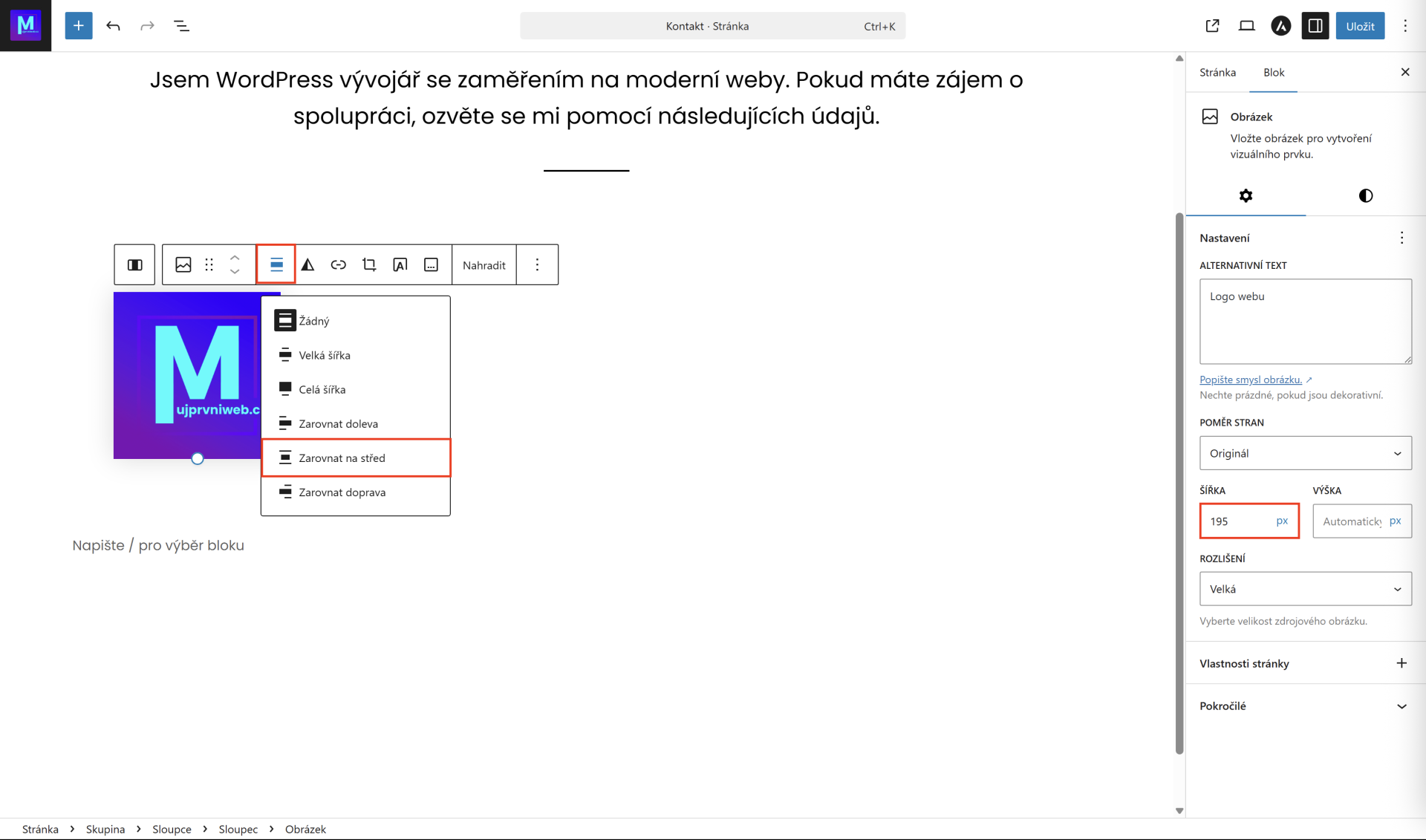 Zmena zarovnania a veľkosti obrázku. - WordPress - Základy - WordPress - Základy
