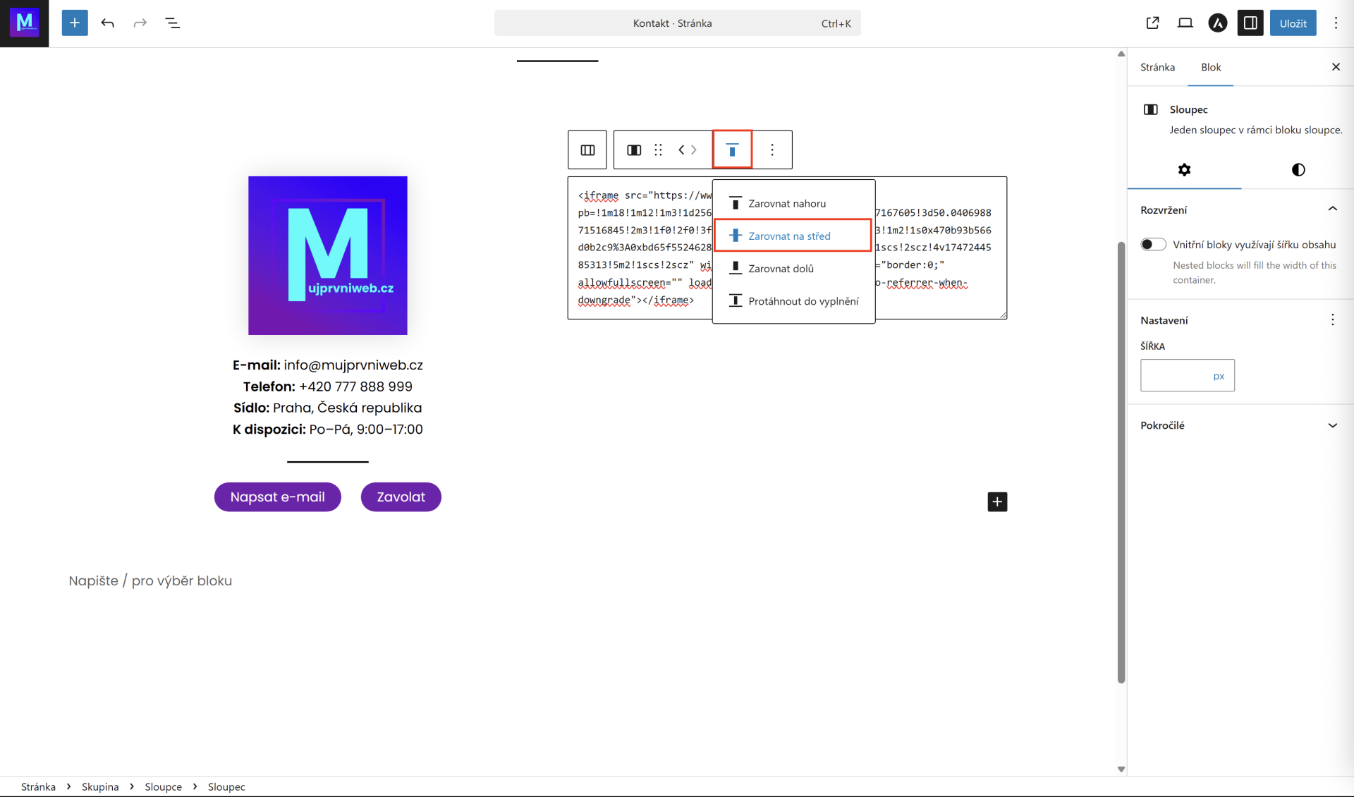 Zarovnanie mapy na stred stĺpca. - WordPress - Základy - WordPress - Základy