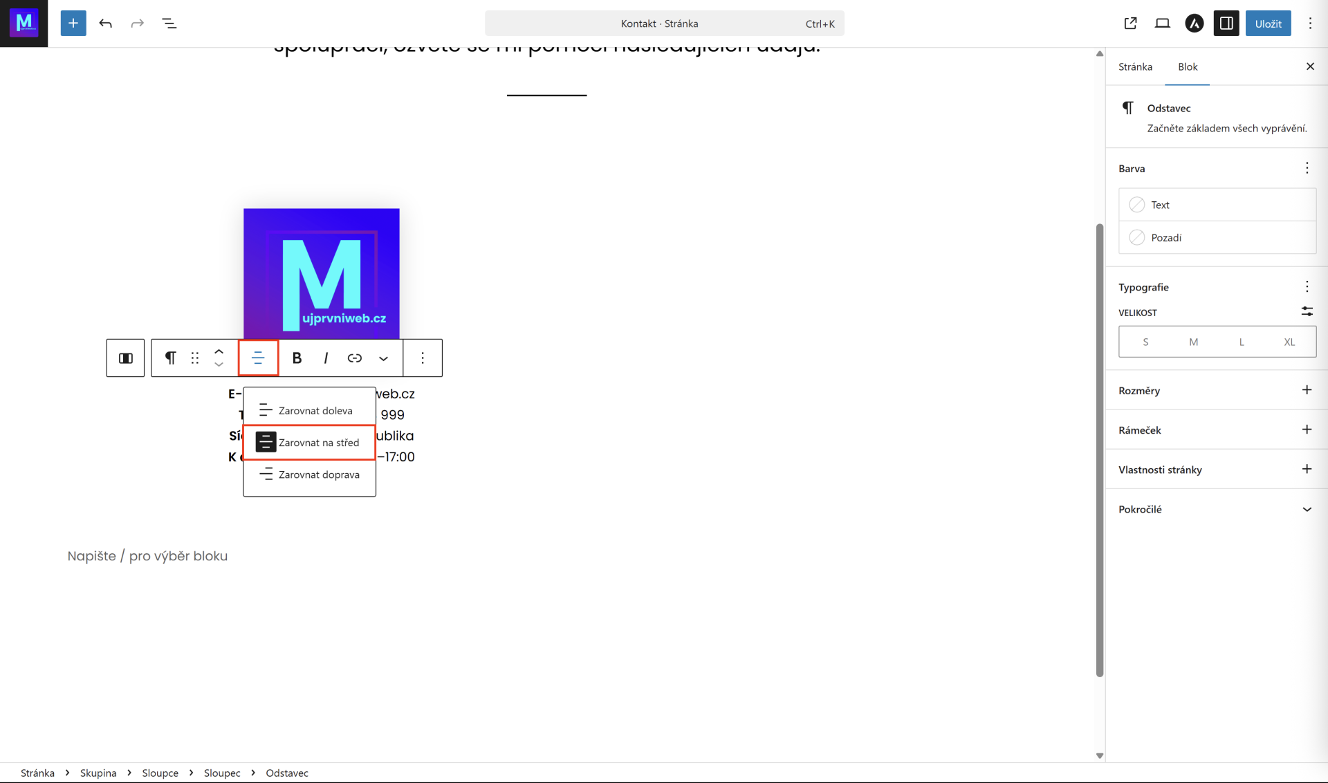 Zarovnanie kontaktných údajov. - WordPress - Základy - WordPress - Základy