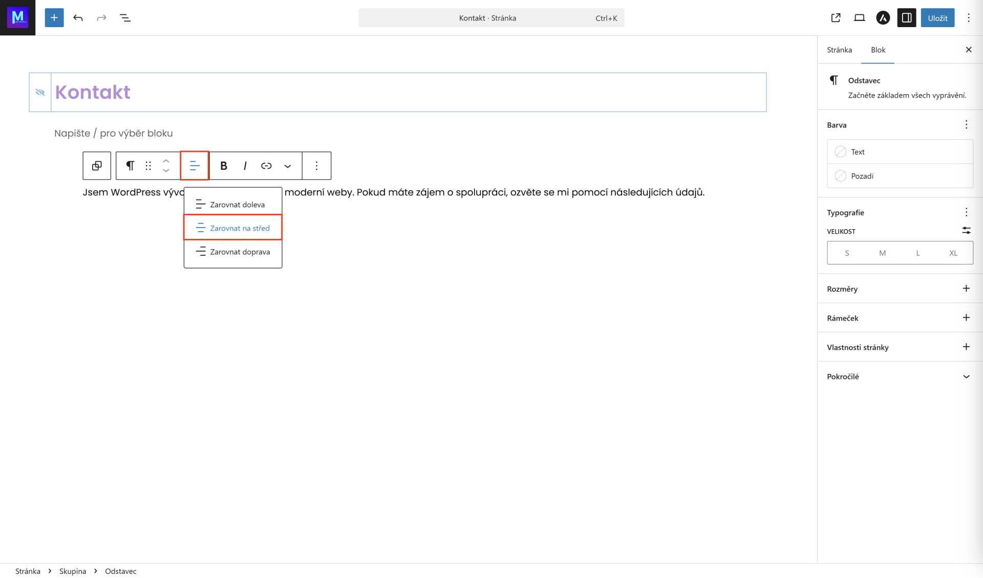 Zarovnanie odseku na stred. - WordPress - Základy - WordPress - Základy
