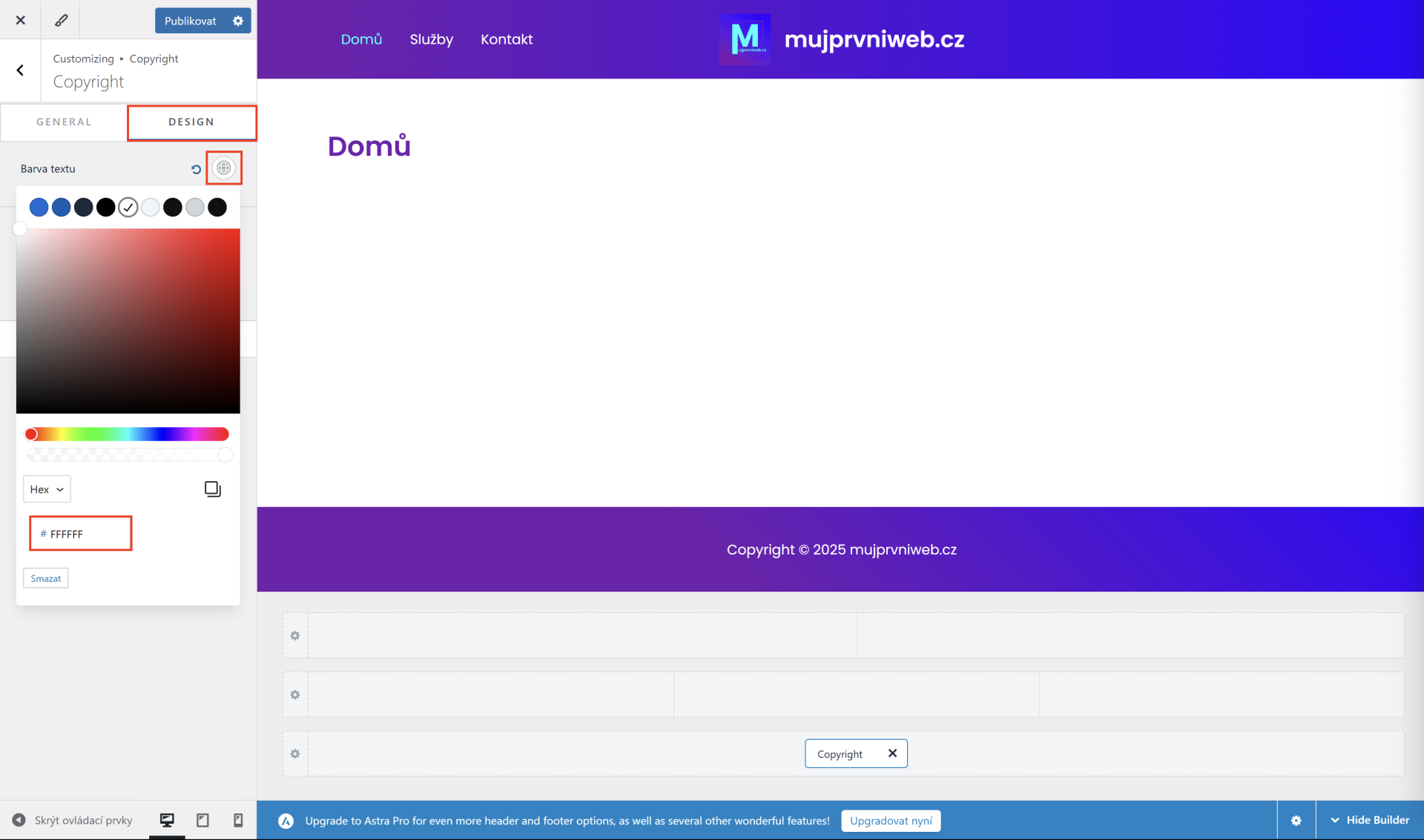 Zmena farby písma copyrightu. - WordPress - Základy - WordPress - Základy