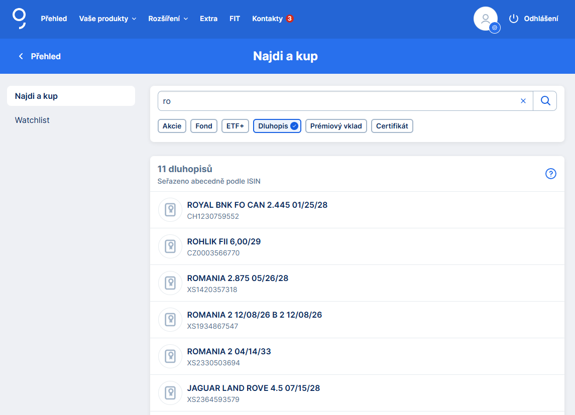 Ukážka vyhľadávania investícií v sekcii Nájdi a kup - Internetové bankovníctvo - Internetové bankovníctvo