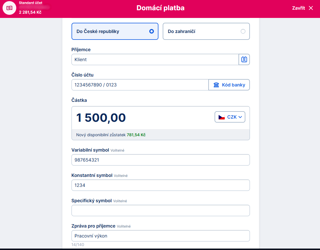 Formulár na zadanie novej platby - Internetové bankovníctvo - Internetové bankovníctvo