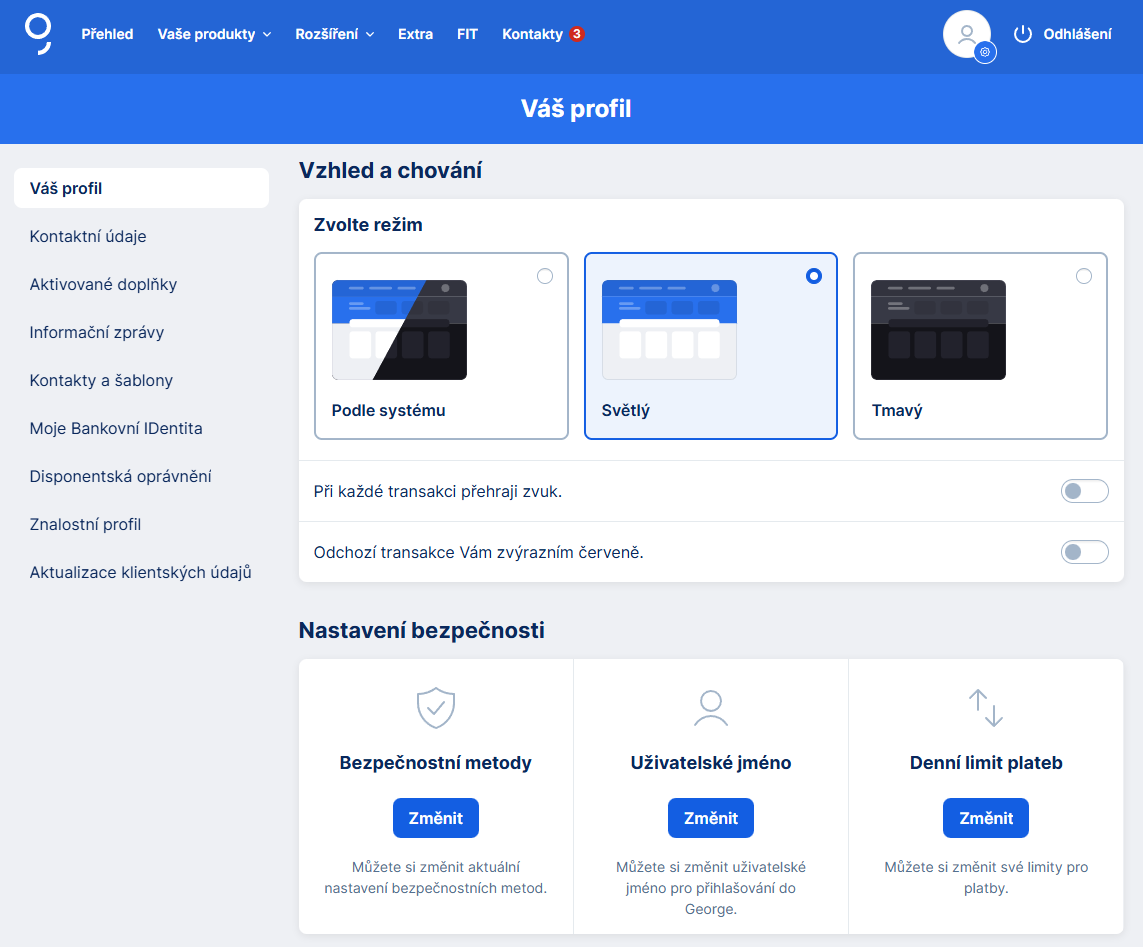 Nastavenie vzhľadu a bezpečnosti v sekcii Váš profil - Internetové bankovníctvo - Internetové bankovníctvo
