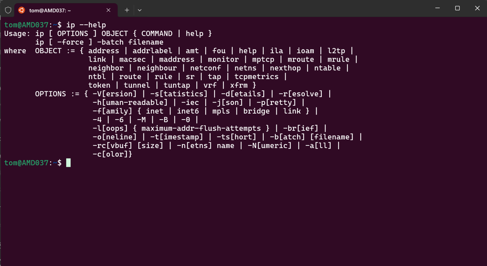 Výpis príkazu ip –help v Linuxe