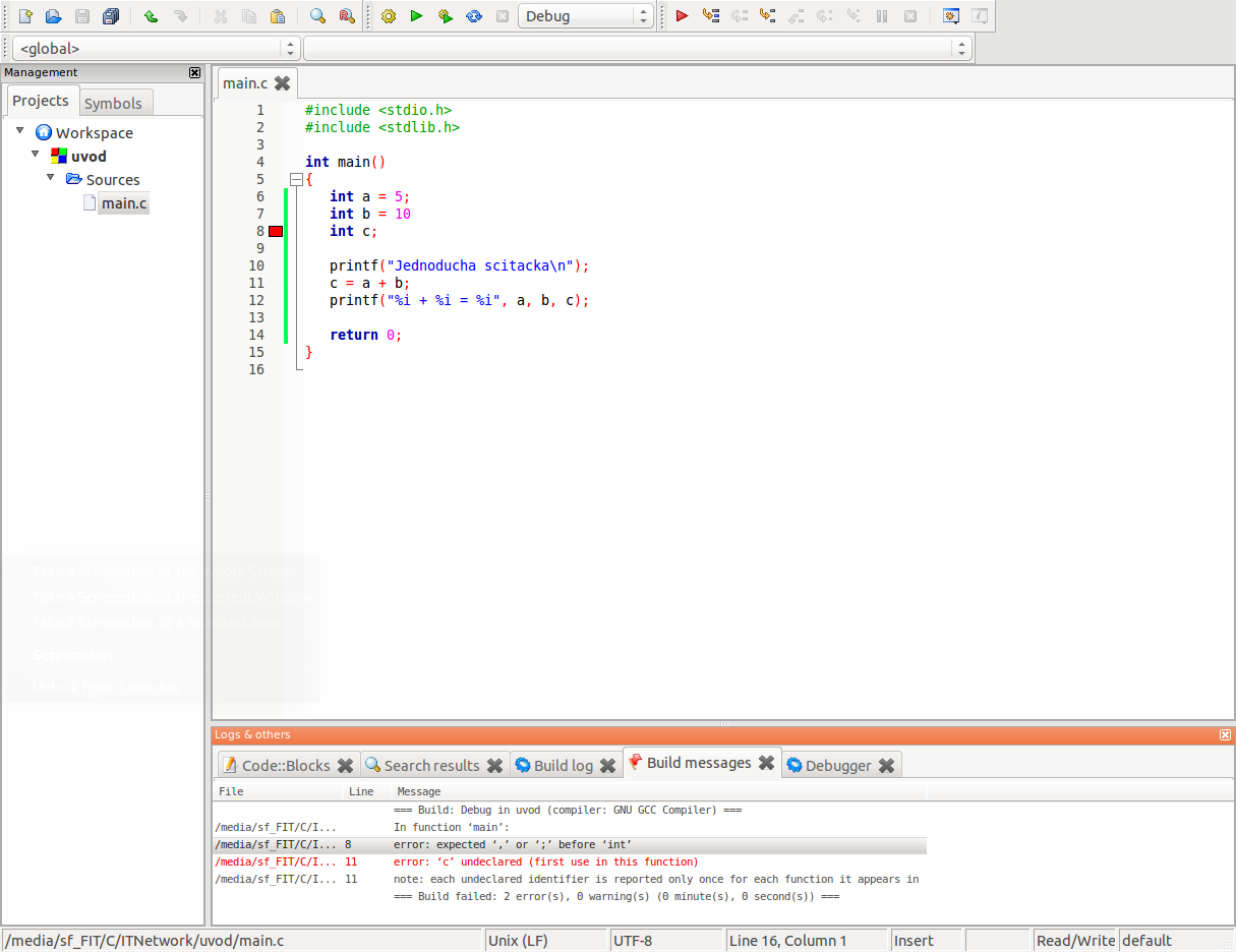 Chyba v Code :: Blocks - Linux a programovanie v jazyku C