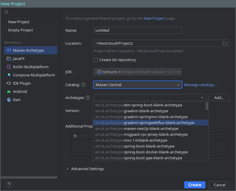 Zoznam Maven archetypov v Intellij - Maven