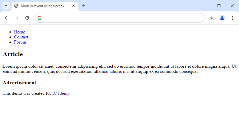 Creation of flexbox layout – HTML document without CSS - Responzívny webdesign