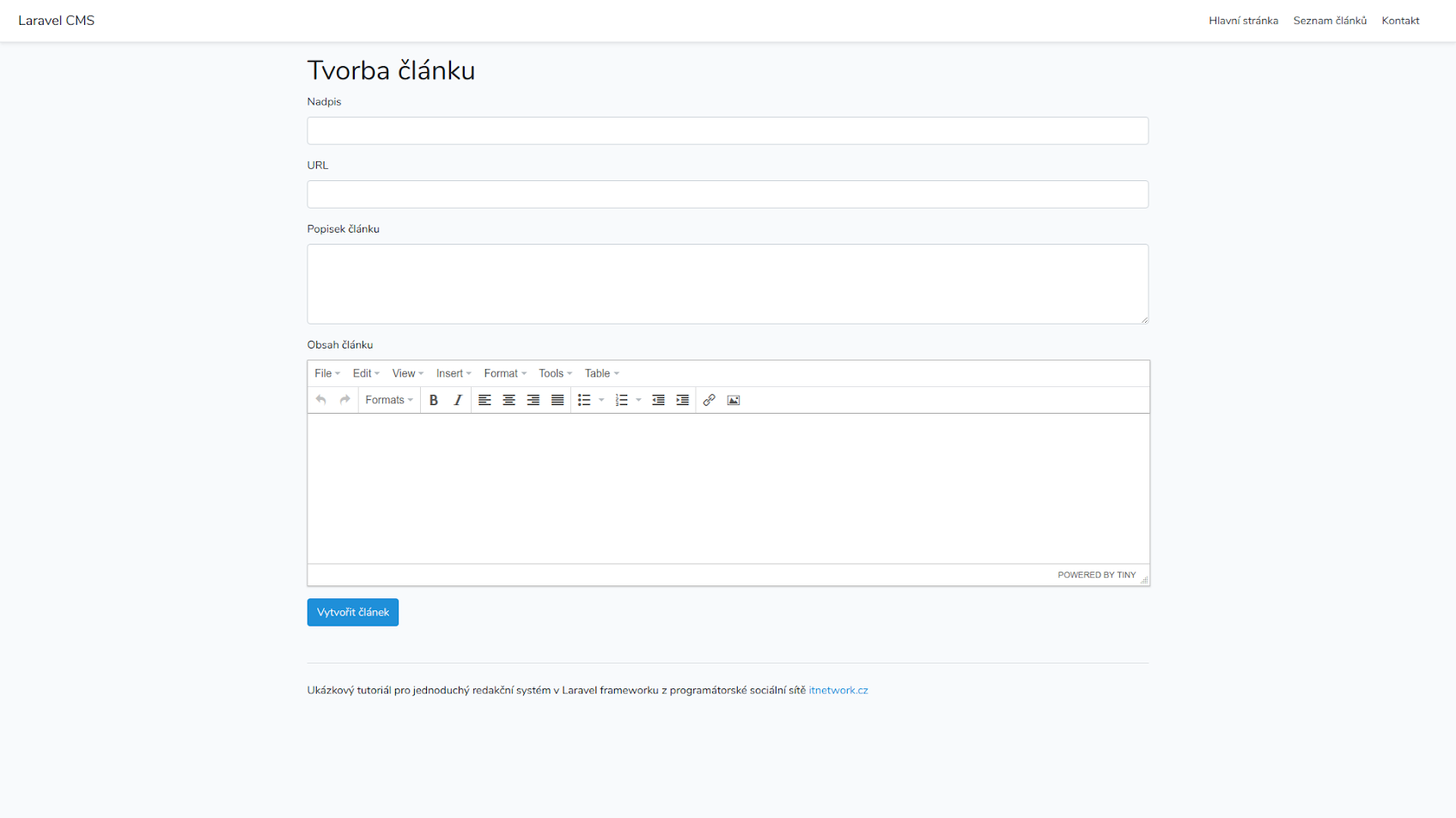 Editor pre vytváranie nových článkov v redakčnom systéme v Laravel - Laravel framework pre PHP
