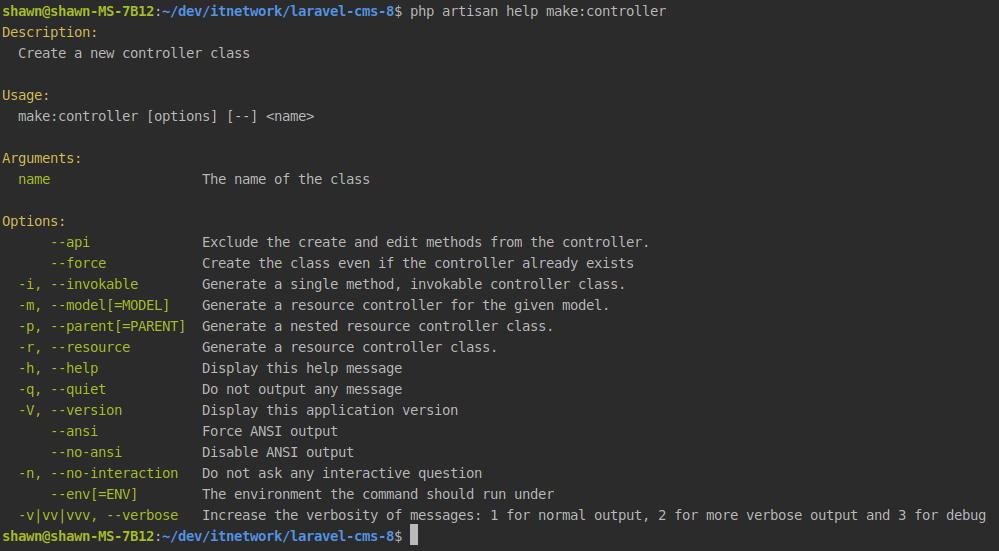 Zobrazenie pomoci k Artisan príkazu make: controller v Laravel frameworku - Laravel framework pre PHP