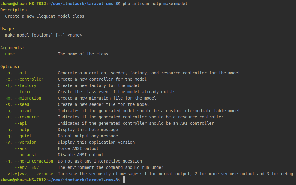 Výstup Artisan príkazu help pre tvorbu modelov v PHP frameworku Laravel - Laravel framework pre PHP