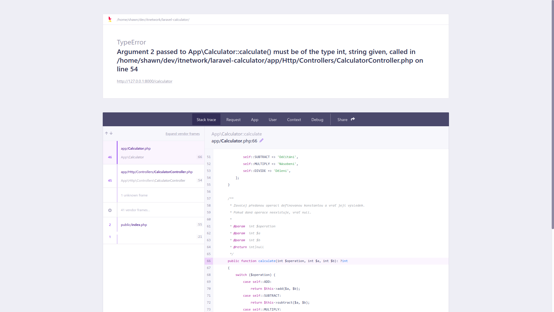 Chyba Laravel kalkulačky pri odovzdaní texte - Laravel framework pre PHP