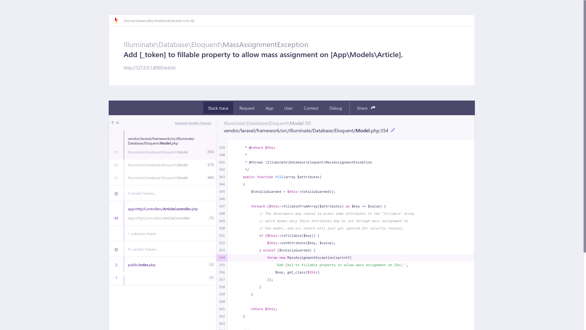 Mass assignment chyba v redakčnom systéme v Laravel - Laravel framework pre PHP