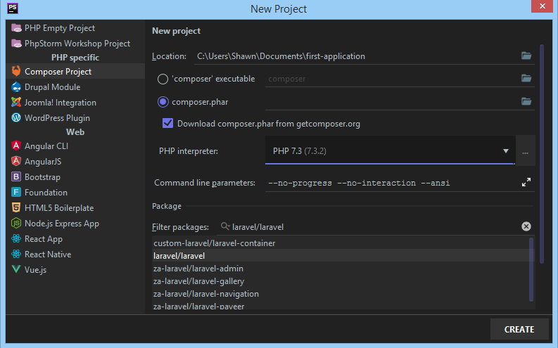 Vytvorenie projektu cez PhpStorm - Laravel framework pre PHP