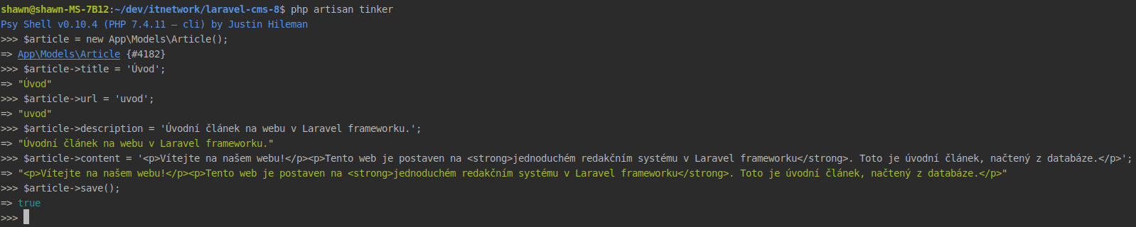 Použitie PHP konzola v Laravel frameworku pre vytvorenie článku - Laravel framework pre PHP