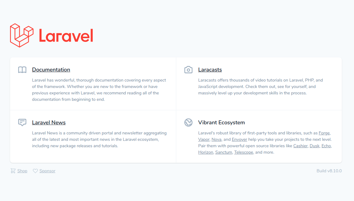 Úvodná stránka Laravel frameworku po inštalácii - Laravel framework pre PHP