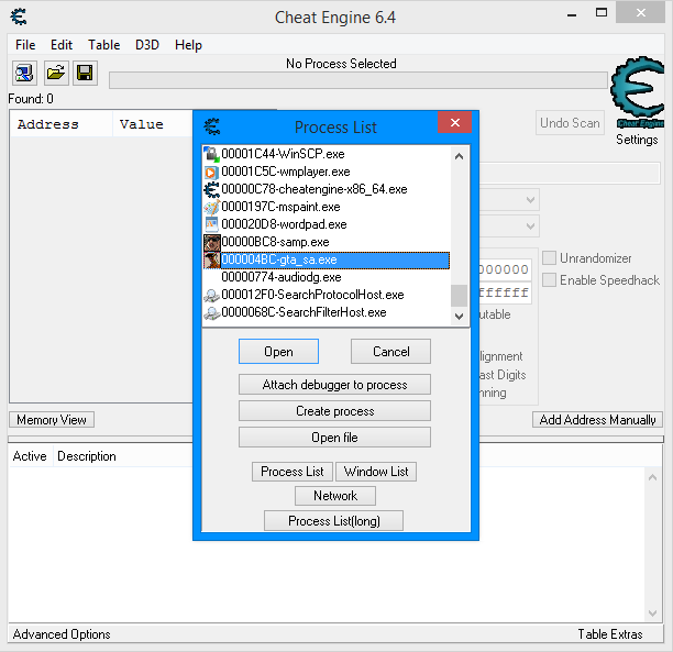 Otvorenie procesu v Cheat Engine - Softvér