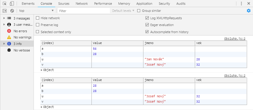 Debug výpis v podobe tabuľky do konzoly - Objektovo orientované programovanie v JavaScriptu