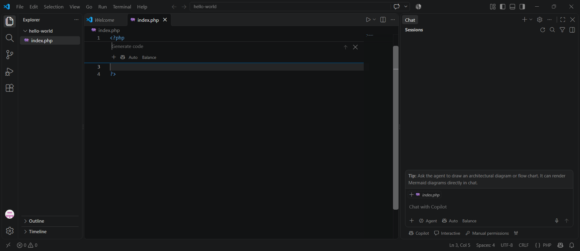 Inline chatovacie okno v GitHub Copilote - Základné konštrukcie jazyka PHP - Základné konštrukcie jazyka PHP