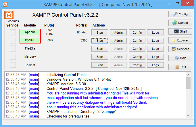 Ovládací panel xampp - Základné konštrukcie jazyka PHP
