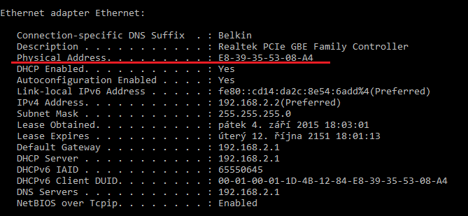 ipconfig all - Sieťové technológie