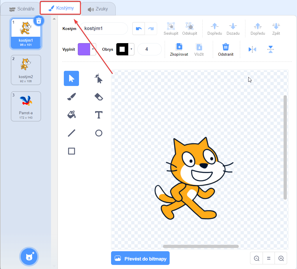 Kliknutie na záložku kostýmy - Scratch
