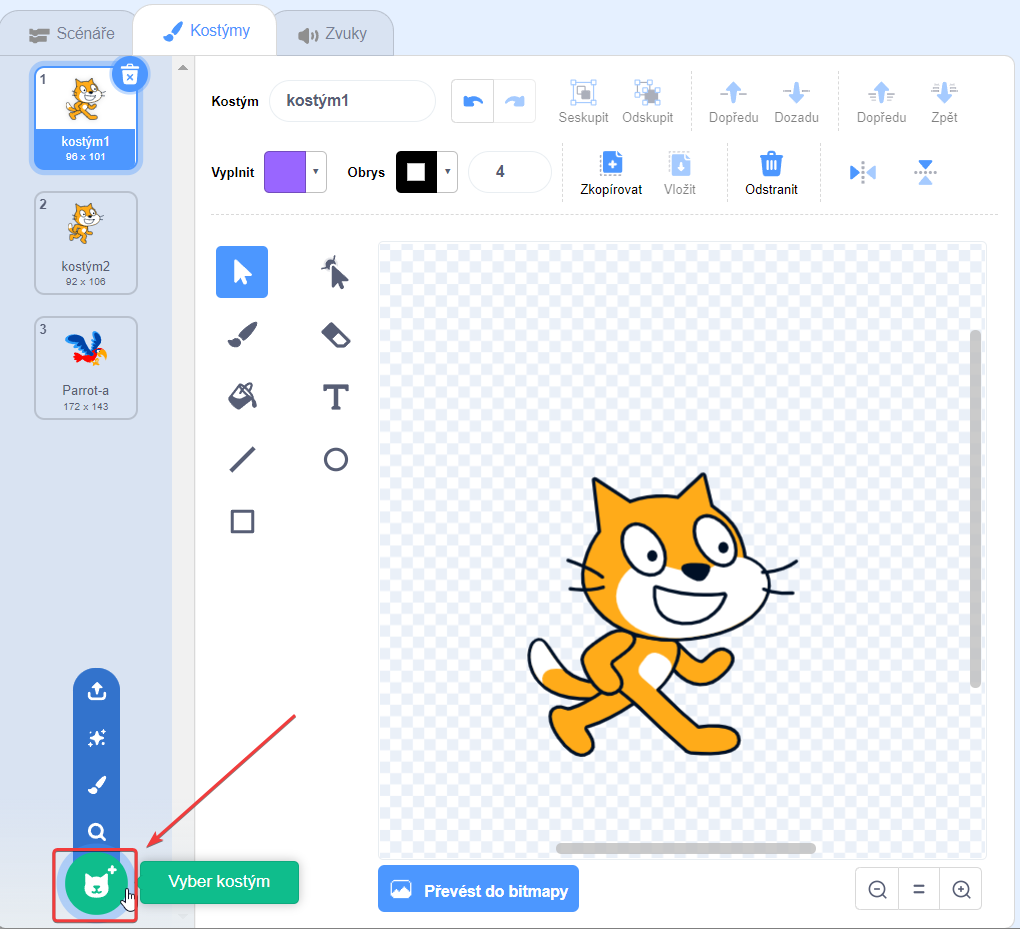Kliknutie na „Vyber kostým“ - Scratch